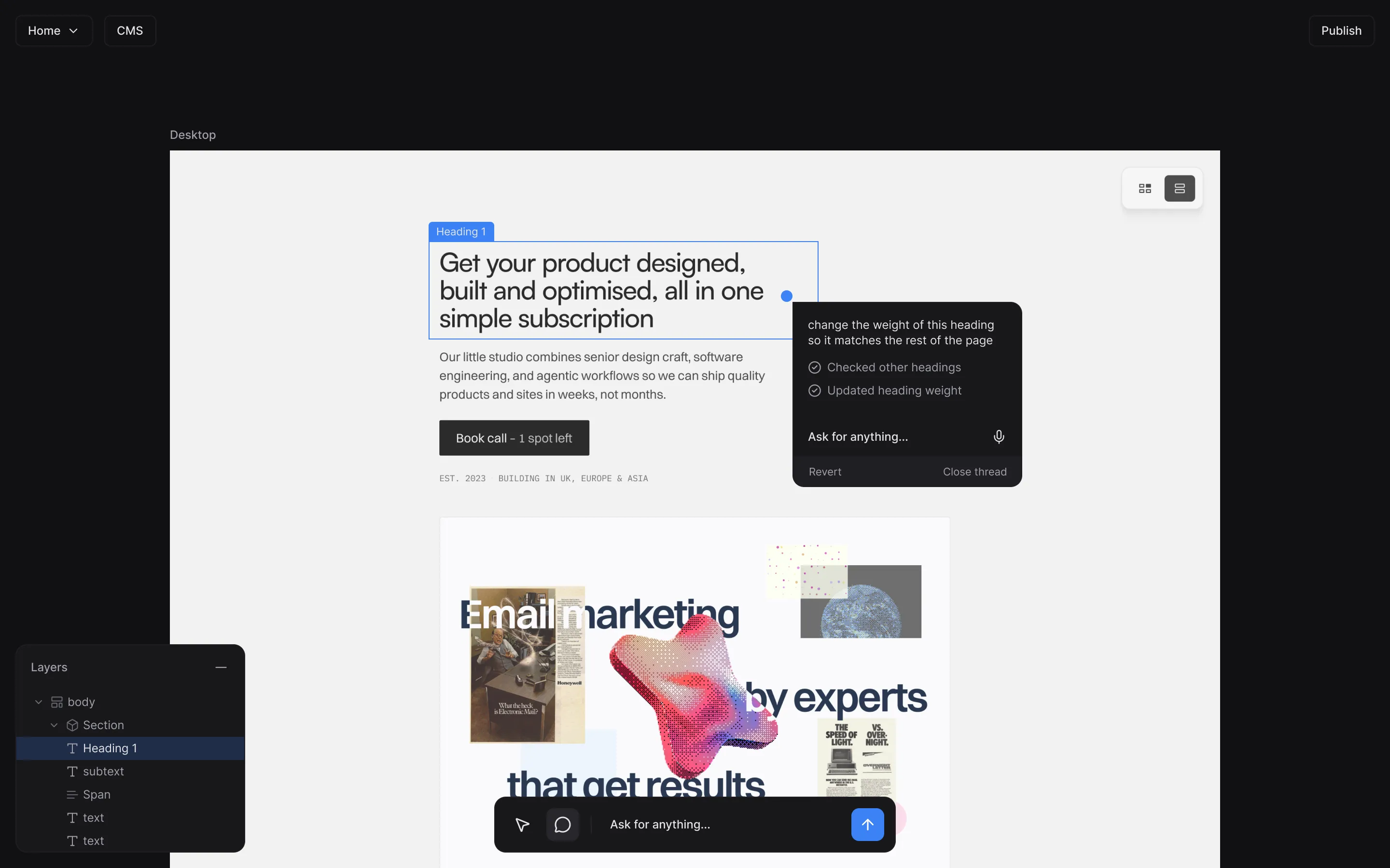 etal editing a page: a heading is selected on the canvas and a chat thread updates its weight to match the other headings.